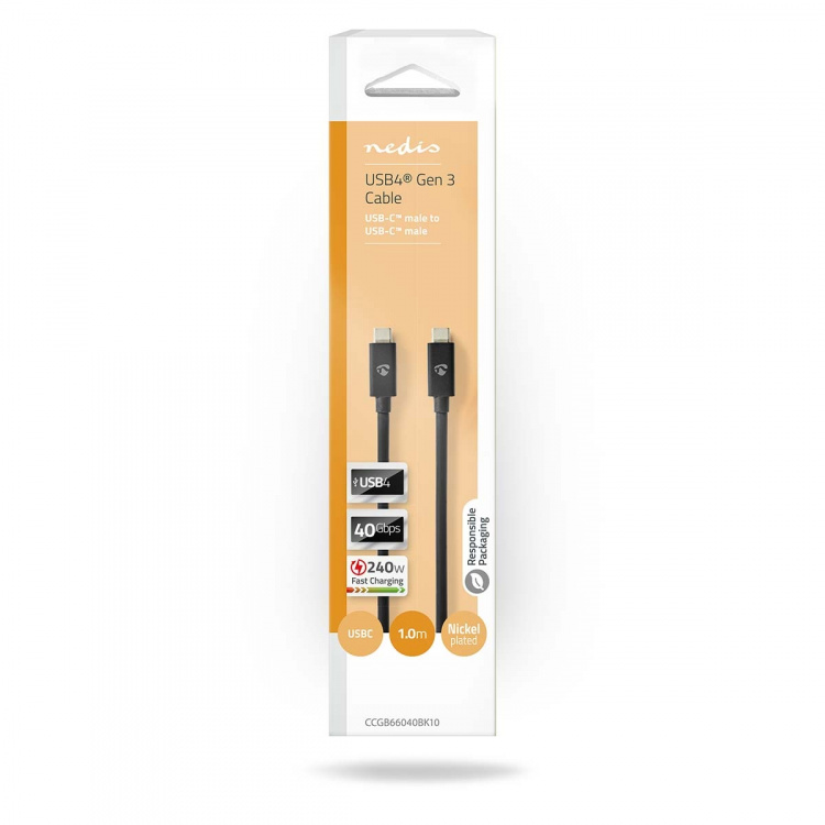 Nedis USB kaapeli | USB 4.0 Gen 3x2 | USB-C™ Uros | USB-C™ Uros | 240 W | 8K@60Hz | 40 Gbps | Niklattu | 1.00 m | Pyöreä | PVC | Musta | Laatikko