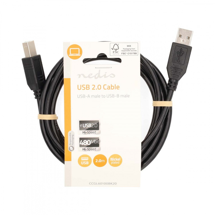 Nedis USB kaapeli | USB 2.0 | USB-A Uros | USB-B Uros | 10 W | 480 Mbps | Niklattu | 2.00 m | Pyöreä | PVC | Musta | Label Nedis USB kaapeli | USB 2.0 | USB-A Uros | USB-B Uros | 10 W | 480 Mbps | Niklattu | 2.00 m | Pyöreä | PVC | Musta | Label