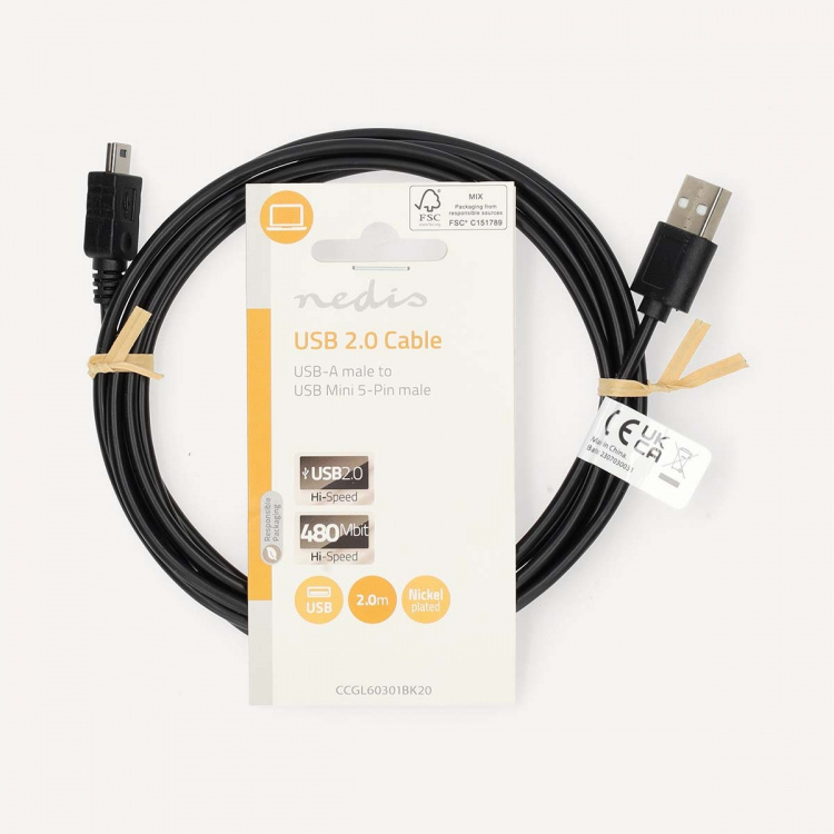 Nedis USB kaapeli | USB 2.0 | USB-A Uros | Mini 5-Pin Uros | 480 Mbps | Niklattu | 2.00 m | Pyöreä | PVC | Musta | Label