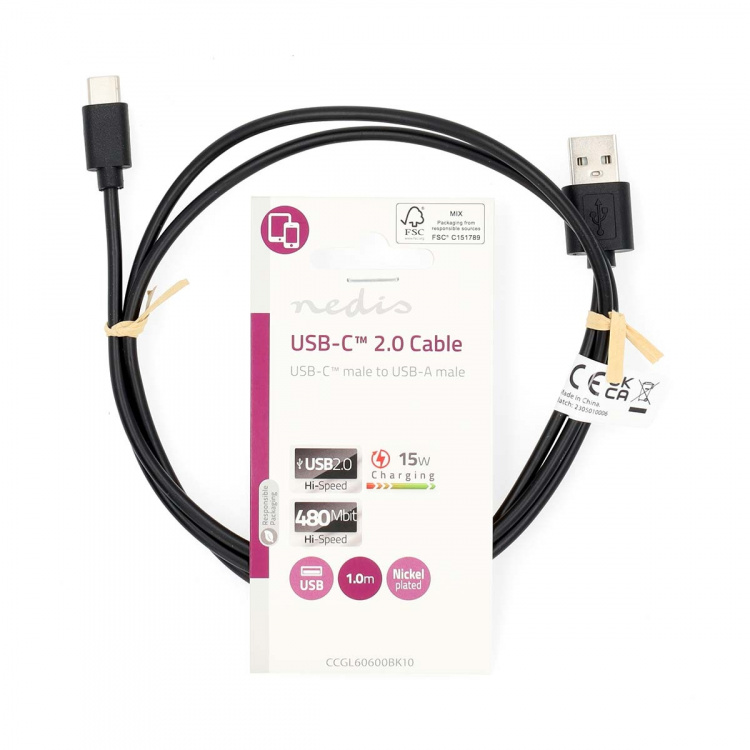 Nedis USB kaapeli | USB 2.0 | USB-A Uros | USB-C™ Uros | 15 W | 480 Mbps | Niklattu | 1.00 m | Pyöreä | PVC | Musta | Label