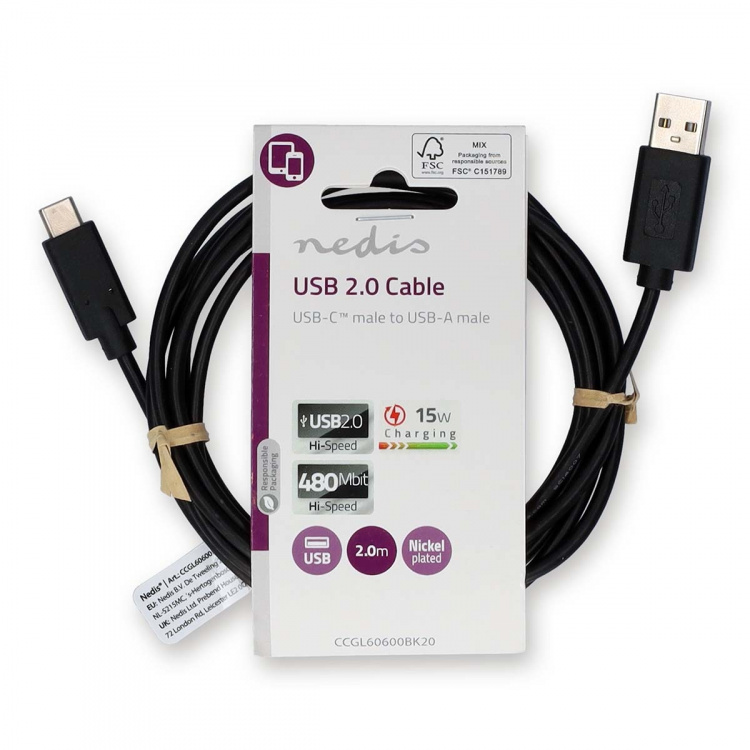 Nedis USB kaapeli | USB 2.0 | USB-A Uros | USB-C™ Uros | 15 W | 480 Mbps | Niklattu | 2.00 m | Pyöreä | PVC | Musta | Label