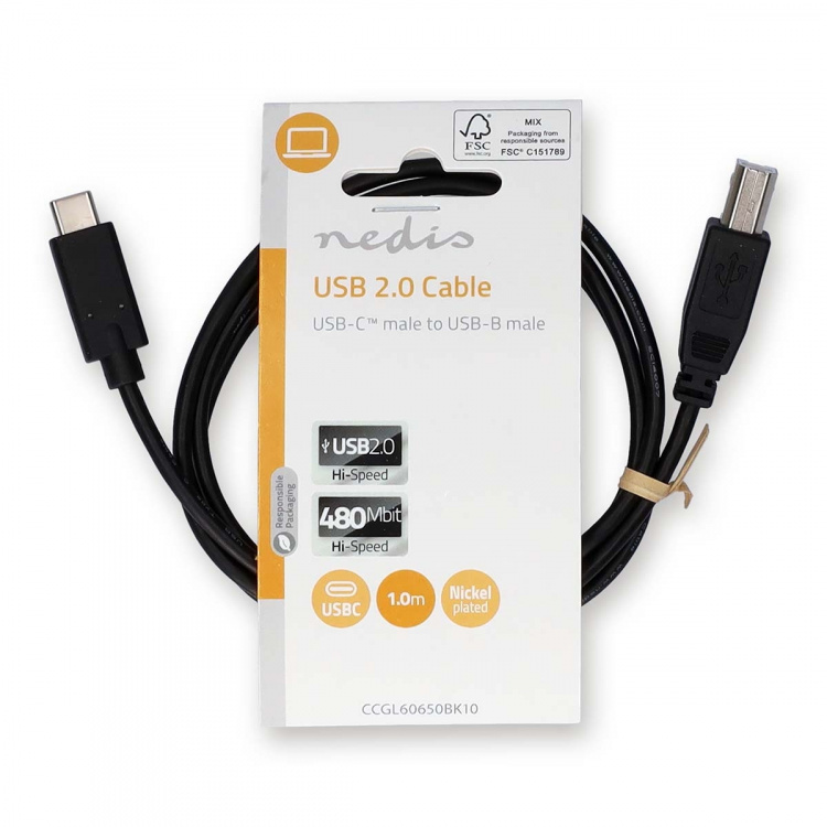 Nedis USB kaapeli | USB 2.0 | USB-C™ Uros | USB-B Uros | 480 Mbps | Niklattu | 1.00 m | Pyöreä | PVC | Musta | Label
