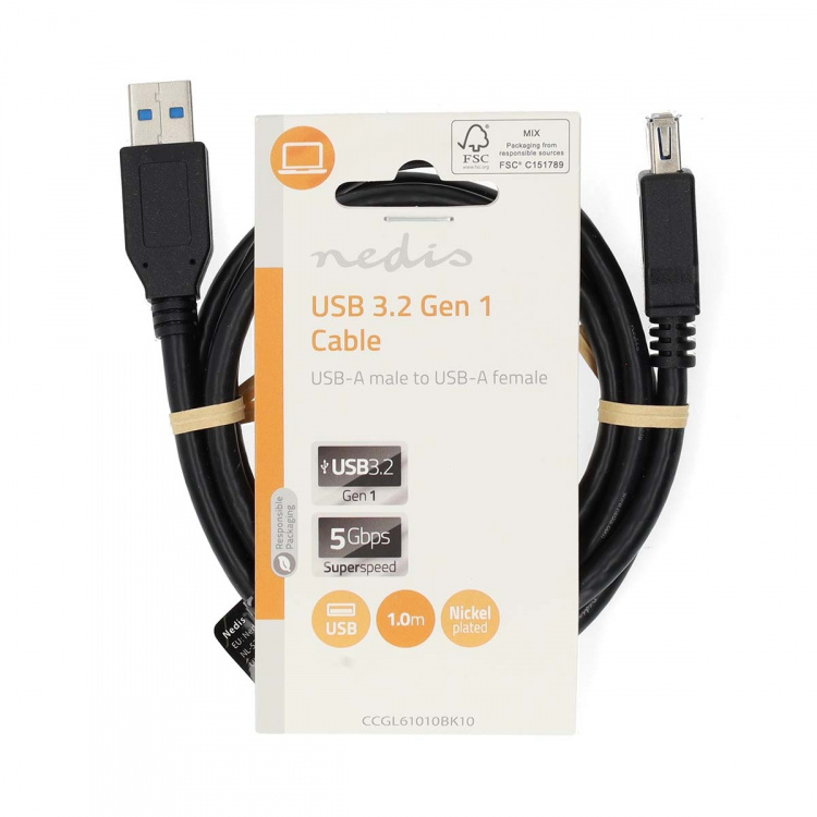 Nedis USB kaapeli | USB 3.2 Gen 1 | USB-A Uros | USB-A Naaras | 5 Gbps | Niklattu | 1.00 m | Pyöreä | PVC | Musta | Label