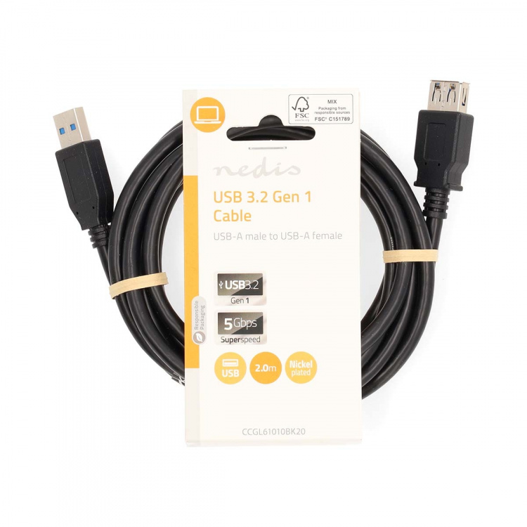 Nedis USB kaapeli | USB 3.2 Gen 1 | USB-A Uros | USB-A Naaras | 5 Gbps | Niklattu | 2.00 m | Pyöreä | PVC | Musta | Label Nedis USB kaapeli | USB 3.2 Gen 1 | USB-A Uros | USB-A Naaras | 5 Gbps | Niklattu | 2.00 m | Pyöreä | PVC | Musta | Label
