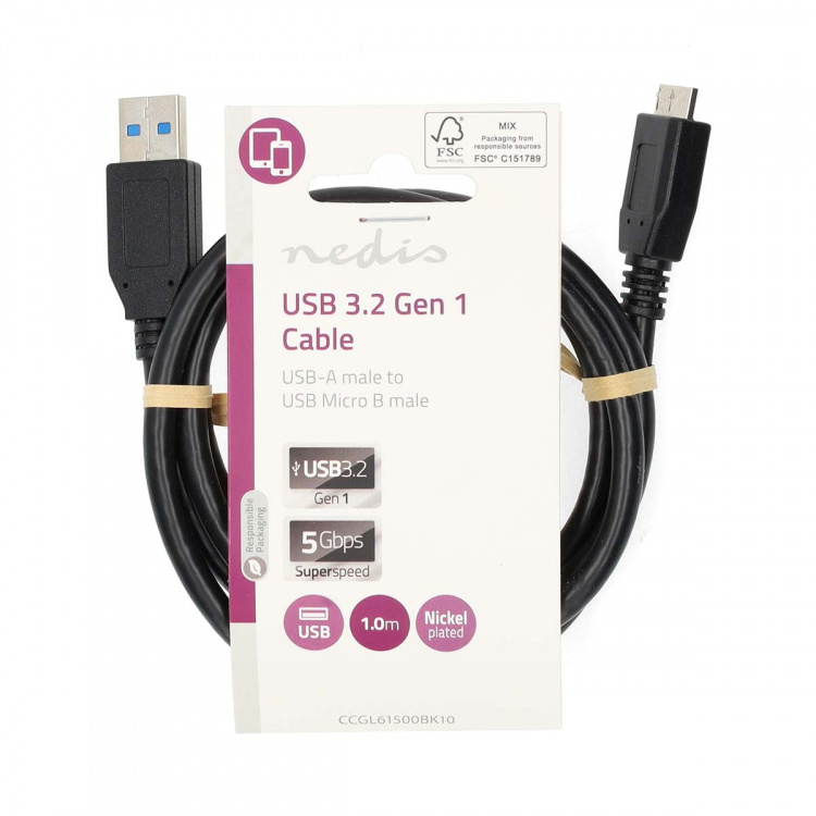 Nedis USB kaapeli | USB 3.2 Gen 1 | USB-A Uros | USB Micro-B Uros | 5 Gbps | Niklattu | 1.00 m | Pyöreä | PVC | Musta | Label