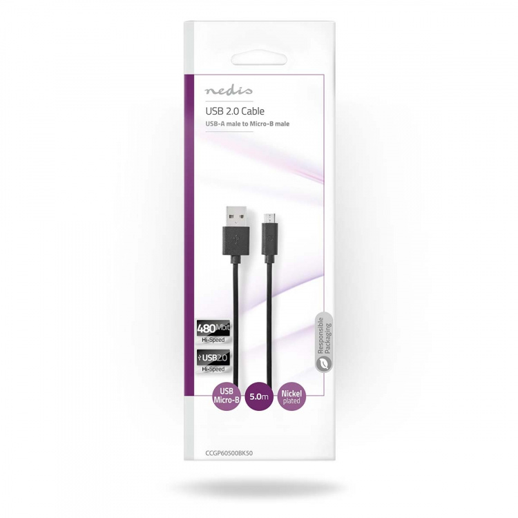 Nedis USB kaapeli | USB 2.0 | USB-A Uros | USB Micro-B Uros | 9 W | 480 Mbps | Niklattu | 5.00 m | Pyöreä | PVC | Musta | Kirjekuori Nedis USB kaapeli | USB 2.0 | USB-A Uros | USB Micro-B Uros | 9 W | 480 Mbps | Niklattu | 5.00 m | Pyöreä | PVC | Musta | Kirjekuori
