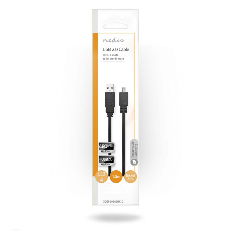 Nedis USB kaapeli | USB 2.0 | USB-A Uros | USB Micro-B Uros | 480 Mbps | Niklattu | 1.00 m | Litteä | PVC | Musta | Kirjekuori
