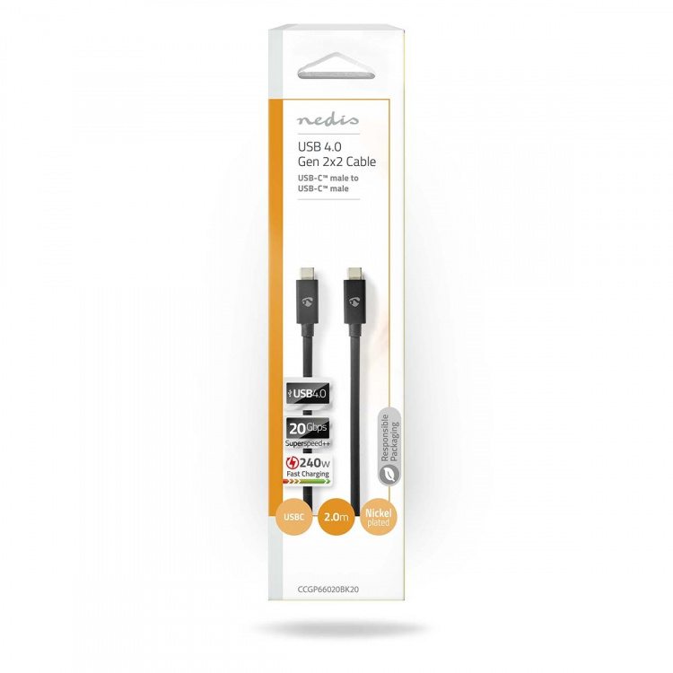 Nedis USB kaapeli | USB 4.0 Gen 2x2 | USB-C™ Uros | USB-C™ Uros | 240 W | 8K@60Hz | 20 Gbps | Niklattu | 2.00 m | Pyöreä | PVC | Musta | Kirjekuori