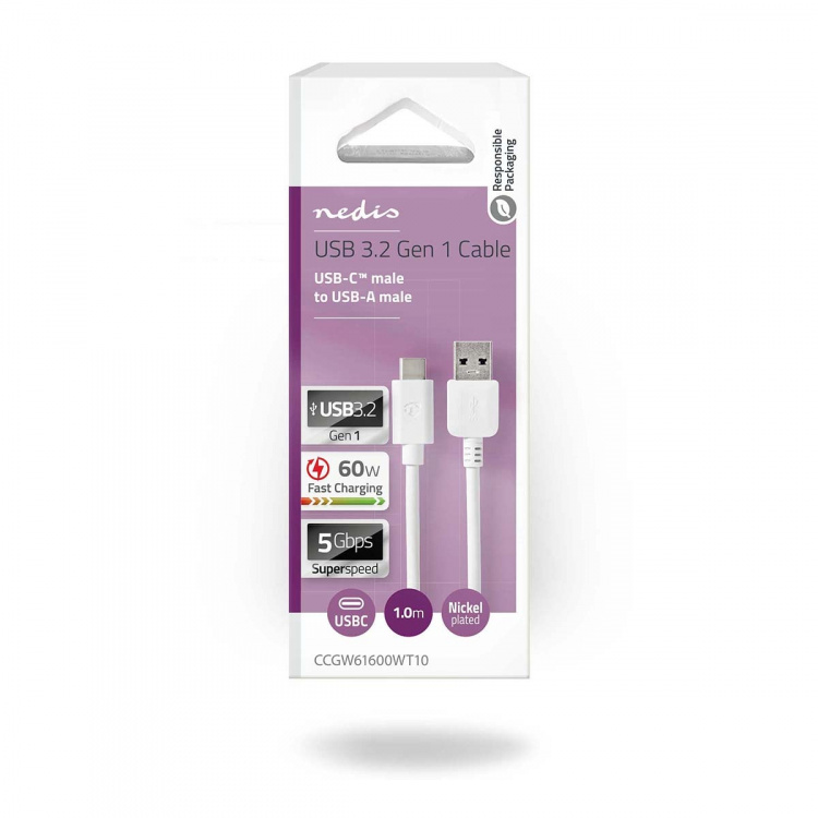 Nedis USB kaapeli | USB 3.2 Gen 1 | USB-A Uros | USB-C™ Uros | 60 W | 5 Gbps | Niklattu | 1.00 m | Pyöreä | PVC | Valkoinen | Laatikko Nedis USB kaapeli | USB 3.2 Gen 1 | USB-A Uros | USB-C™ Uros | 60 W | 5 Gbps | Niklattu | 1.00 m | Pyöreä | PVC | Valkoinen | Laatikko
