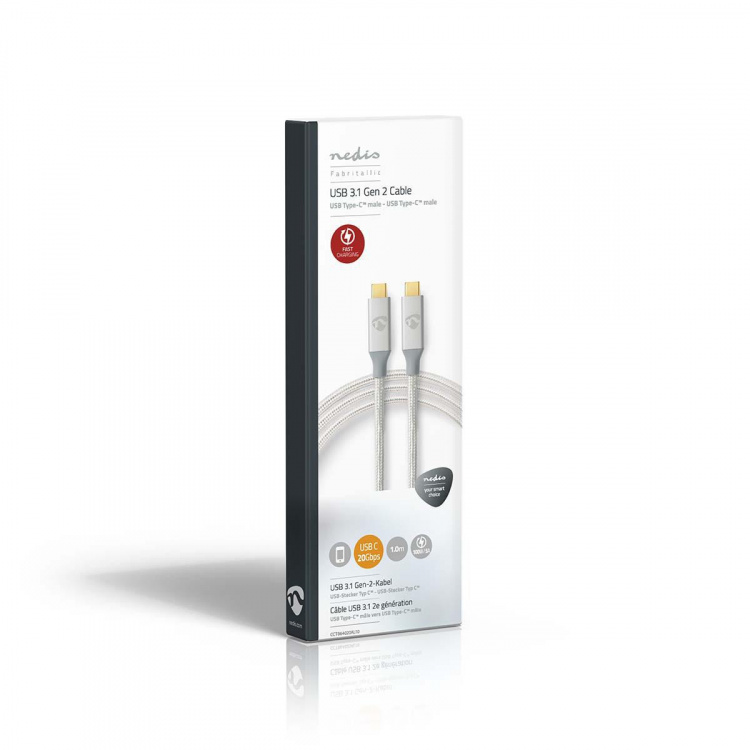Nedis USB kaapeli | USB 3.2 Gen 2x2 | USB-C™ Uros | USB-C™ Uros | 100 W | 4K@60Hz | 20 Gbps | Kullattu | 1.00 m | Pyöreä | Nailon / Punottu | Hopea | Laatikko kannella ja ikkunalla Nedis USB kaapeli | USB 3.2 Gen 2x2 | USB-C™ Uros | USB-C™ Uros | 100 W | 4K@60Hz | 20 Gbps | Kullattu | 1.00 m | Pyöreä | Nailon / Punottu | Hopea | Laatikko kannella ja ikkunalla