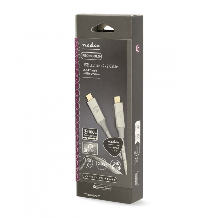 Nedis USB kaapeli | USB 3.2 Gen 2x2 | USB-C™ Uros | USB-C™ Uros | 100 W | 4K@60Hz | 20 Gbps | Kullattu | 2.00 m | Pyöreä | Nailon / Punottu | Hopea | Laatikko kannella ja ikkunalla Nedis USB kaapeli | USB 3.2 Gen 2x2 | USB-C™ Uros | USB-C™ Uros | 100 W | 4K@60Hz | 20 Gbps | Kullattu | 2.00 m | Pyöreä | Nailon / Punottu | Hopea | Laatikko kannella ja ikkunalla