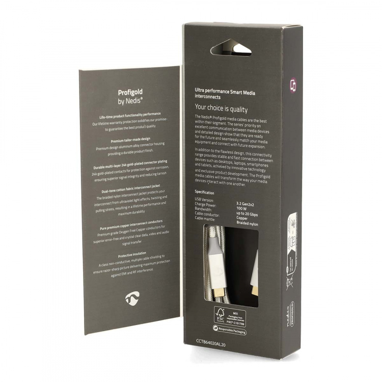 Nedis USB kaapeli | USB 3.2 Gen 2x2 | USB-C™ Uros | USB-C™ Uros | 100 W | 4K@60Hz | 20 Gbps | Kullattu | 2.00 m | Pyöreä | Nailon / Punottu | Hopea | Laatikko kannella ja ikkunalla Nedis USB kaapeli | USB 3.2 Gen 2x2 | USB-C™ Uros | USB-C™ Uros | 100 W | 4K@60Hz | 20 Gbps | Kullattu | 2.00 m | Pyöreä | Nailon / Punottu | Hopea | Laatikko kannella ja ikkunalla