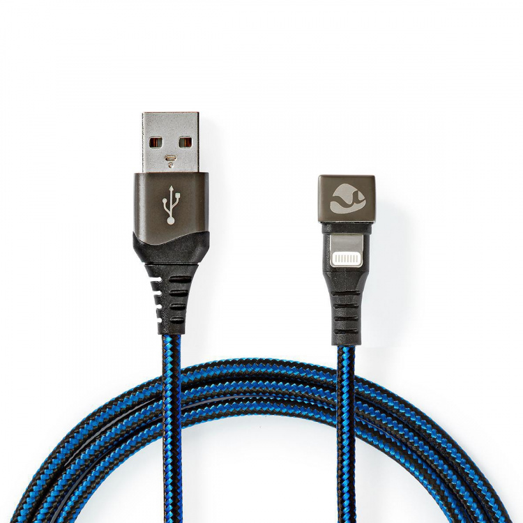 Nedis USB kaapeli | USB 2.0 | Apple Lightning 8-Pin | USB-A Uros | 12 W | 480 Mbps | Niklattu | 1.00 m | Pyöreä | Nailon / Punottu | Musta / Sininen | Laatikko kannella ja ikkunalla