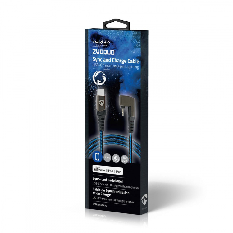 Nedis USB kaapeli | USB 2.0 | Apple Lightning 8-Pin | USB-C™ Uros | 60 W | 480 Mbps | Niklattu | 1.00 m | Pyöreä | Nailon / Punottu | Musta / Sininen | Laatikko kannella ja ikkunalla