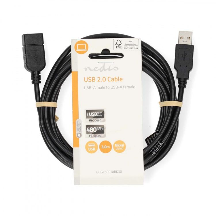 Nedis USB kaapeli | USB 2.0 | USB-A Uros | USB-A Naaras | 480 Mbps | Niklattu | 3.00 m | Pyöreä | PVC | Musta | Label Nedis USB kaapeli | USB 2.0 | USB-A Uros | USB-A Naaras | 480 Mbps | Niklattu | 3.00 m | Pyöreä | PVC | Musta | Label