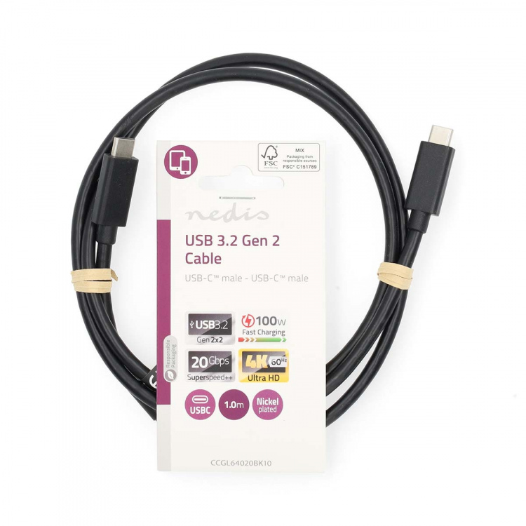 Nedis USB kaapeli | USB 3.2 Gen 2 | USB-C™ Uros | USB-C™ Uros | 100 W | 4K@60Hz | 20 Gbps | Niklattu | 1.00 m | Pyöreä | PVC | Musta | Label Nedis USB kaapeli | USB 3.2 Gen 2 | USB-C™ Uros | USB-C™ Uros | 100 W | 4K@60Hz | 20 Gbps | Niklattu | 1.00 m | Pyöreä | PVC | Musta | Label