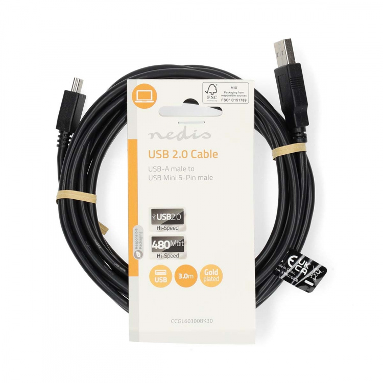 Nedis USB kaapeli | USB 2.0 | USB-A Uros | USB Mini-B 5 pin Uros | 480 Mbps | Niklattu | 3.00 m | Pyöreä | PVC | Musta | Label