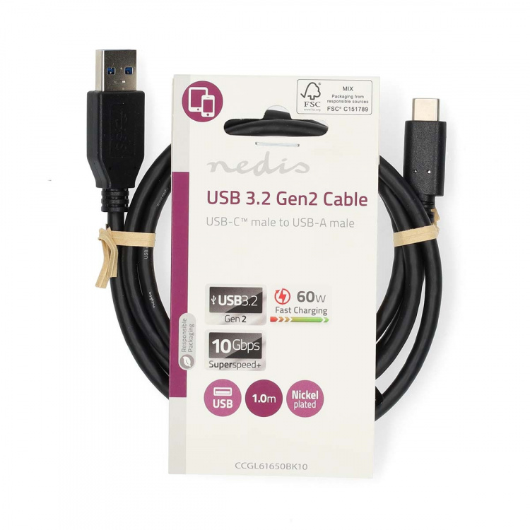 Nedis USB kaapeli | USB 3.2 Gen 2 | USB-A Uros | USB-C™ Uros | 60 W | 10 Gbps | Niklattu | 1.00 m | Pyöreä | PVC | Musta | Label Nedis USB kaapeli | USB 3.2 Gen 2 | USB-A Uros | USB-C™ Uros | 60 W | 10 Gbps | Niklattu | 1.00 m | Pyöreä | PVC | Musta | Label