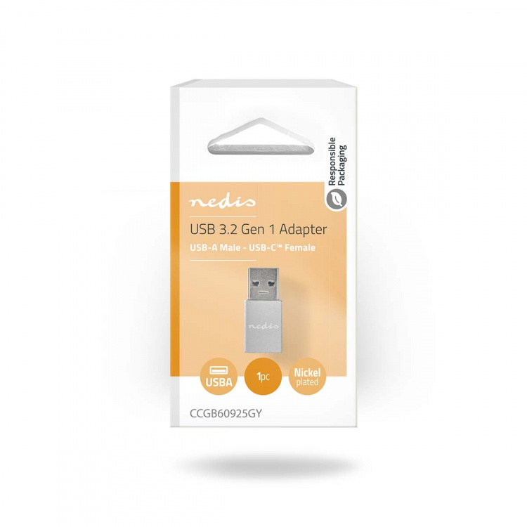 Nedis USB-A Sovitin | USB 3.2 Gen 1 | USB-A Uros | USB-C™ Naaras | 5 Gbps | Pyöreä | Niklattu | Musta | Laatikko