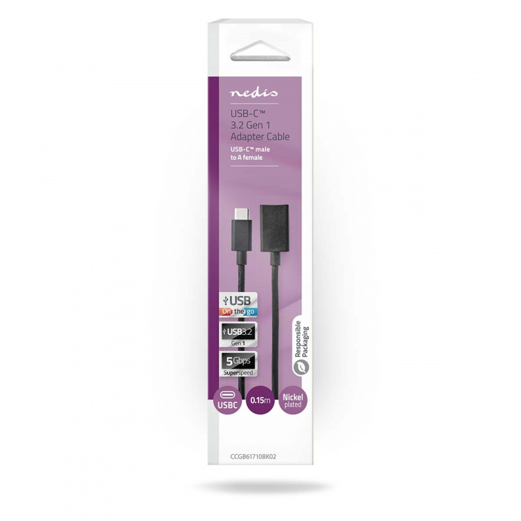 Nedis USB-C™ Sovitin | USB 3.2 Gen 1 | USB-C™ Uros | USB-A Naaras | 5 Gbps | 0.15 m | Pyöreä | Niklattu | PVC | Musta | Laatikko