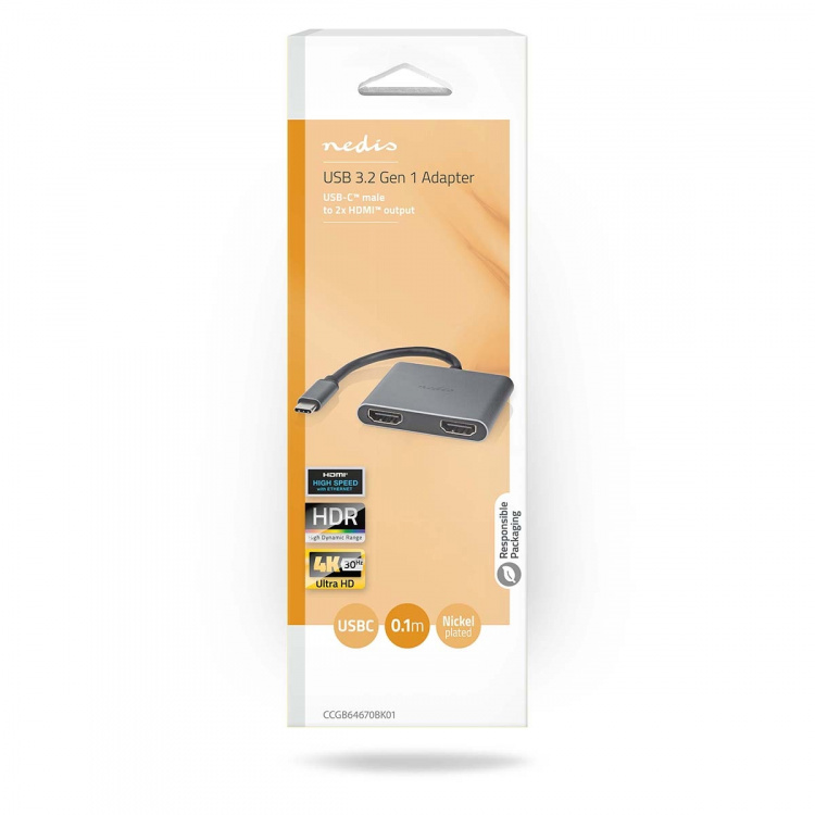 Nedis USB-C™ Sovitin | 2-in-1 | USB 3.2 Gen 1 | USB-C™ Uros | 2x HDMI™ | 4K@30Hz | 0.10 m | Pyöreä | Niklattu | PVC | Musta | Laatikko Nedis USB-C™ Sovitin | 2-in-1 | USB 3.2 Gen 1 | USB-C™ Uros | 2x HDMI™ | 4K@30Hz | 0.10 m | Pyöreä | Niklattu | PVC | Musta | Laatikko