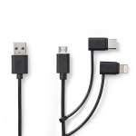 Nedis 3 in 1 kaapeli | USB 2.0 | USB-A Uros | Apple Lightning 8-Pin / USB Micro-B Uros / USB-C™ Uros | 480 Mbps | 1.00 m | Niklattu | Pyöreä | PVC | Musta | Label