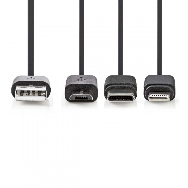 Nedis 3 in 1 kaapeli | USB 2.0 | USB-A Uros | Apple Lightning 8-Pin / USB Micro-B Uros / USB-C™ Uros | 480 Mbps | 1.00 m | Niklattu | Pyöreä | PVC | Musta | Label