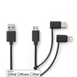 Nedis 3 in 1 kaapeli | USB 2.0 | USB-A Uros | Apple Lightning 8-Pin / USB Micro-B Uros / USB-C™ Uros | 480 Mbps | 1.00 m | Niklattu | Pyöreä | PVC | Musta | Label