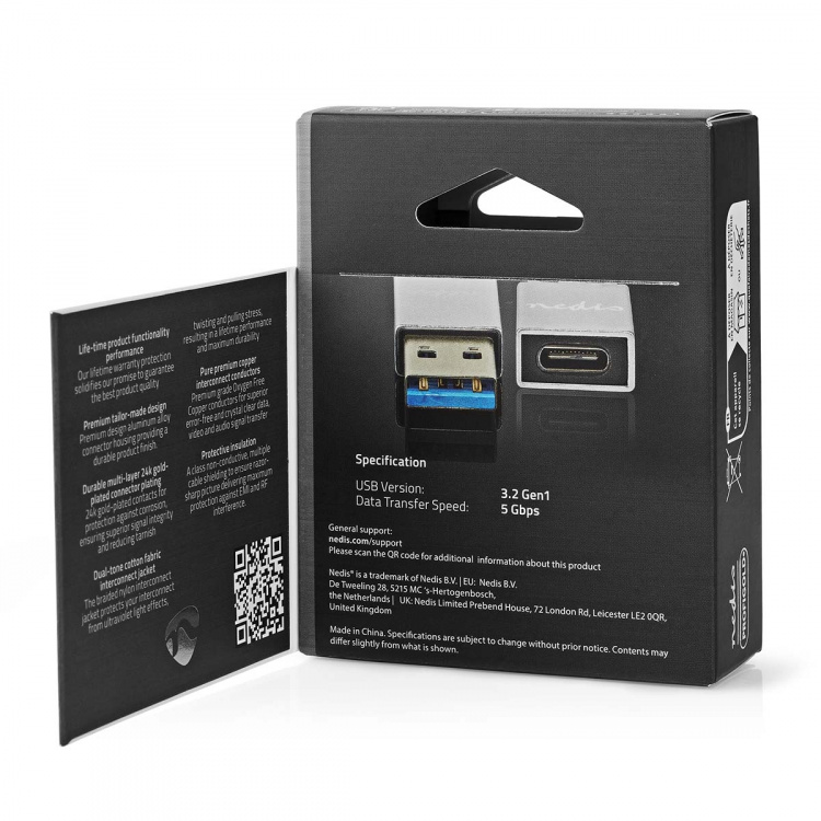 Nedis USB-A Sovitin | USB 3.2 Gen 1 | USB-A Uros | USB-C™ Naaras | 5 Gbps | Pyöreä | Niklattu | Hopea | Laatikko kannella ja ikkunalla