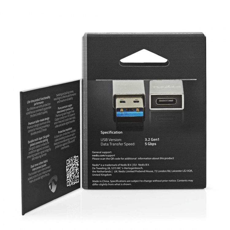 Nedis USB-A Sovitin | USB 3.2 Gen 1 | USB-A Uros | USB-C™ Naaras | 5 Gbps | Pyöreä | Niklattu | Hopea | Laatikko kannella ja ikkunalla