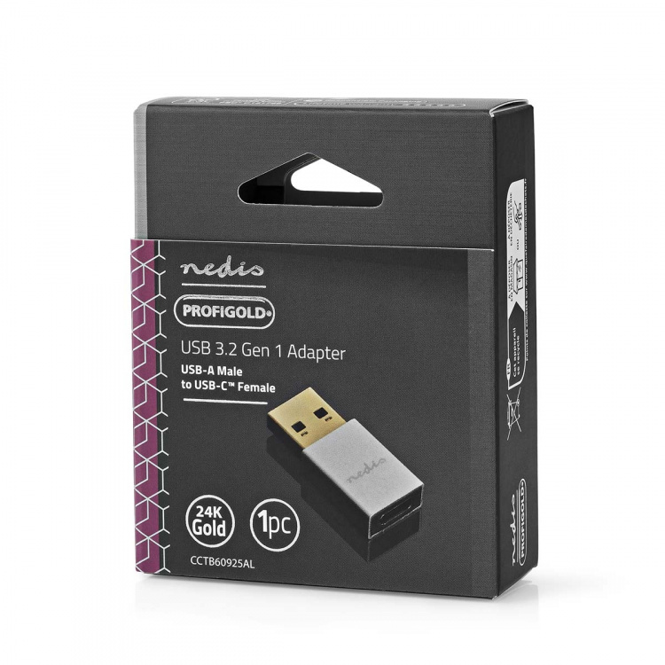 Nedis USB-A Sovitin | USB 3.2 Gen 1 | USB-A Uros | USB-C™ Naaras | 5 Gbps | Pyöreä | Niklattu | Hopea | Laatikko kannella ja ikkunalla
