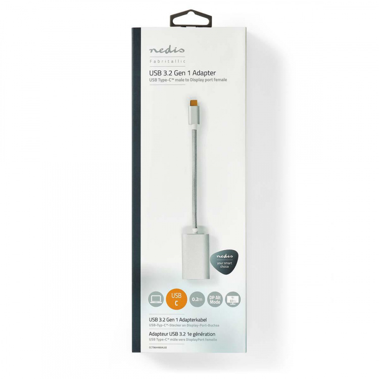 Nedis USB-C™ Sovitin | USB 3.2 Gen 1 | USB-C™ Uros | DisplayPort Naaras / USB-C™ Naaras | 4K@60Hz | Power delivery | 0.20 m | Pyöreä | Kullattu | Nailon / Punottu | Hopea | Laatikko kannella ja ikkunalla