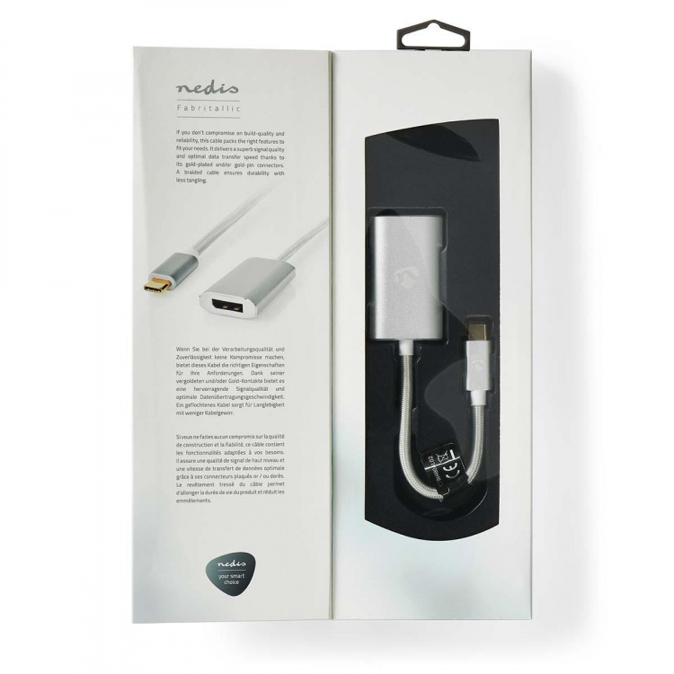 Nedis USB-C™ Sovitin | USB 3.2 Gen 1 | USB-C™ Uros | DisplayPort Naaras / USB-C™ Naaras | 4K@60Hz | Power delivery | 0.20 m | Pyöreä | Kullattu | Nailon / Punottu | Hopea | Laatikko kannella ja ikkunalla