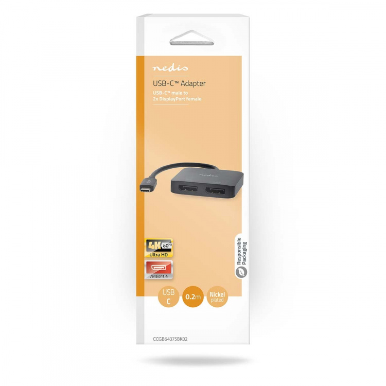Nedis USB-C™ Sovitin | USB 3.2 Gen 1 | USB-C™ Uros | 2x Displayport Female | 4K@60Hz | 0.20 m | Pyöreä | Niklattu | PVC | Musta | Laatikko Nedis USB-C™ Sovitin | USB 3.2 Gen 1 | USB-C™ Uros | 2x Displayport Female | 4K@60Hz | 0.20 m | Pyöreä | Niklattu | PVC | Musta | Laatikko