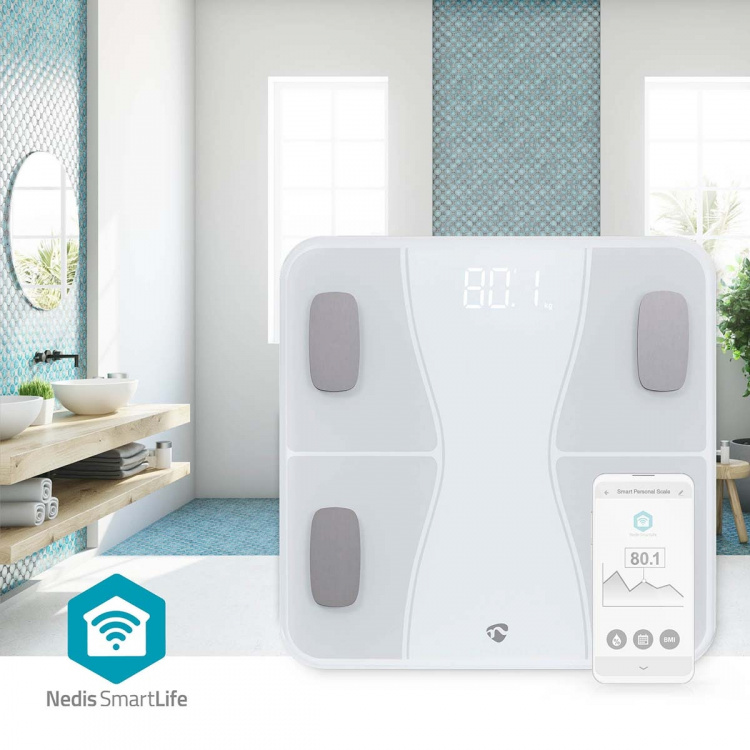 Nedis SmartLife Älyvaaka | BMI / BMR / Lihakset / Luut / Paino / Rasva / Vesi | 12 | Max. kuorma: 180 kg | Android™ / IOS | ABS-Muovi / Lasi | Valkoinen Nedis SmartLife Älyvaaka | BMI / BMR / Lihakset / Luut / Paino / Rasva / Vesi | 12 | Max. kuorma: 180 kg | Android™ / IOS | ABS-Muovi / Lasi | Valkoinen