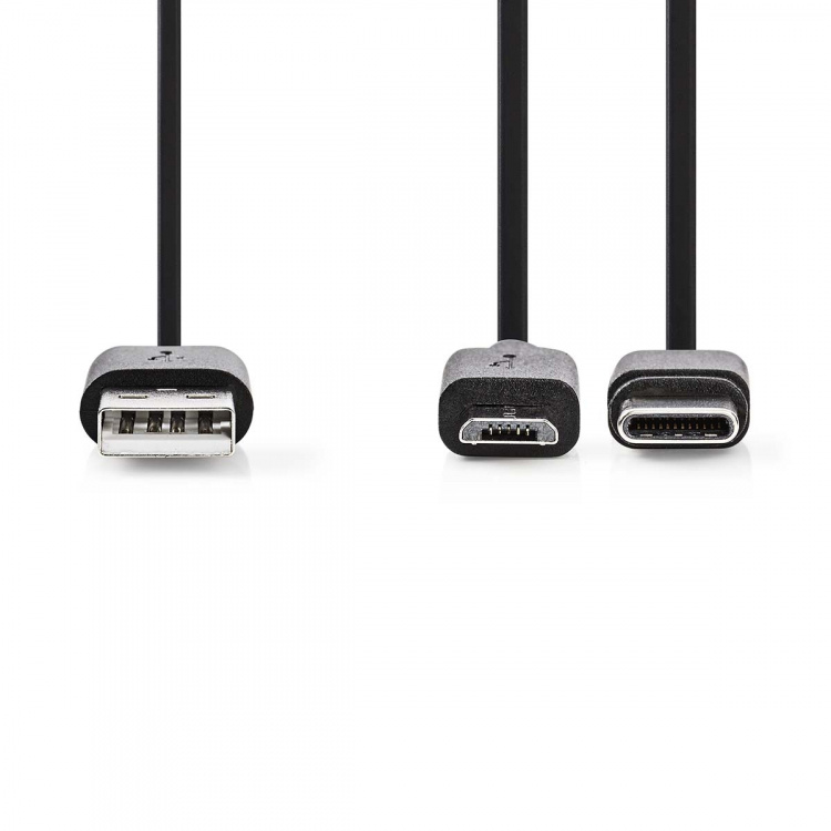 Nedis 2 in 1 kaapeli | USB 2.0 | USB-A Uros | USB Micro-B Uros / USB-C™ Uros | 480 Mbps | 1.00 m | Niklattu | Pyöreä | PVC | Musta | Label