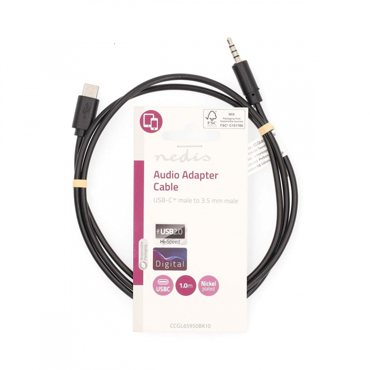 Nedis USB-C™ Sovitin | USB 2.0 | USB-C™ Uros | 3.5 mm uros | 1.00 m | Pyöreä | Niklattu | Musta | Label Nedis USB-C™ Sovitin | USB 2.0 | USB-C™ Uros | 3.5 mm uros | 1.00 m | Pyöreä | Niklattu | Musta | Label