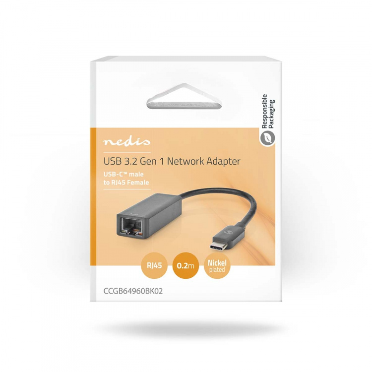 Nedis USB-verkkosovitin | USB 3.2 Gen 1 | 2.5 Gbps | USB-C™ Uros | RJ45 Naaras | 0.20 m | Pyöreä | Niklattu | Tinattu Kupari | Musta | Laatikko