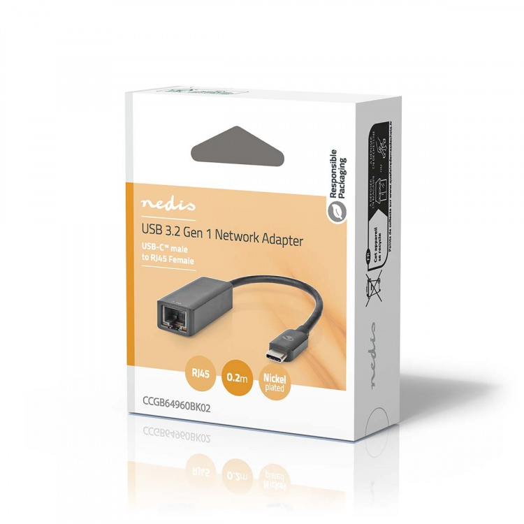 Nedis USB-verkkosovitin | USB 3.2 Gen 1 | 2.5 Gbps | USB-C™ Uros | RJ45 Naaras | 0.20 m | Pyöreä | Niklattu | Tinattu Kupari | Musta | Laatikko