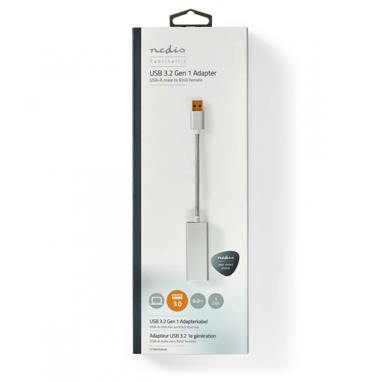 Nedis USB-verkkosovitin | USB 3.2 Gen 1 | 1 Gbps | USB-A Uros | RJ45 Naaras | 0.20 m | Pyöreä | Kullattu | Puhdas kupari | Hopea | Laatikko kannella ja ikkunalla Nedis USB-verkkosovitin | USB 3.2 Gen 1 | 1 Gbps | USB-A Uros | RJ45 Naaras | 0.20 m | Pyöreä | Kullattu | Puhdas kupari | Hopea | Laatikko kannella ja ikkunalla