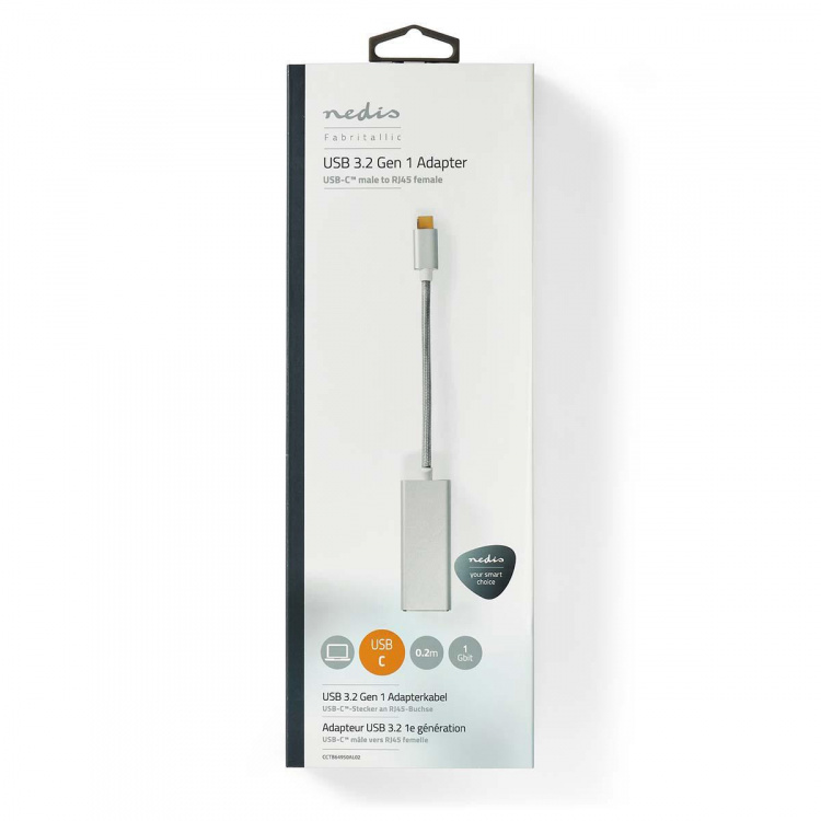 Nedis USB-verkkosovitin | USB 3.2 Gen 1 | 1 Gbps | USB-C™ Uros | RJ45 Naaras | 0.20 m | Pyöreä | Kullattu | Tinattu Kupari | Hopea | Laatikko kannella ja ikkunalla Nedis USB-verkkosovitin | USB 3.2 Gen 1 | 1 Gbps | USB-C™ Uros | RJ45 Naaras | 0.20 m | Pyöreä | Kullattu | Tinattu Kupari | Hopea | Laatikko kannella ja ikkunalla