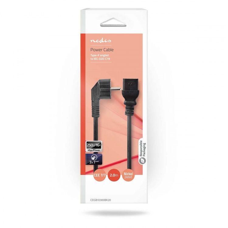 Nedis Sähköjohto | Suko Uros | IEC-320-C19 | Kulma | Suora | Niklattu | 2.00 m | Pyöreä | PVC | Musta | Laatikko