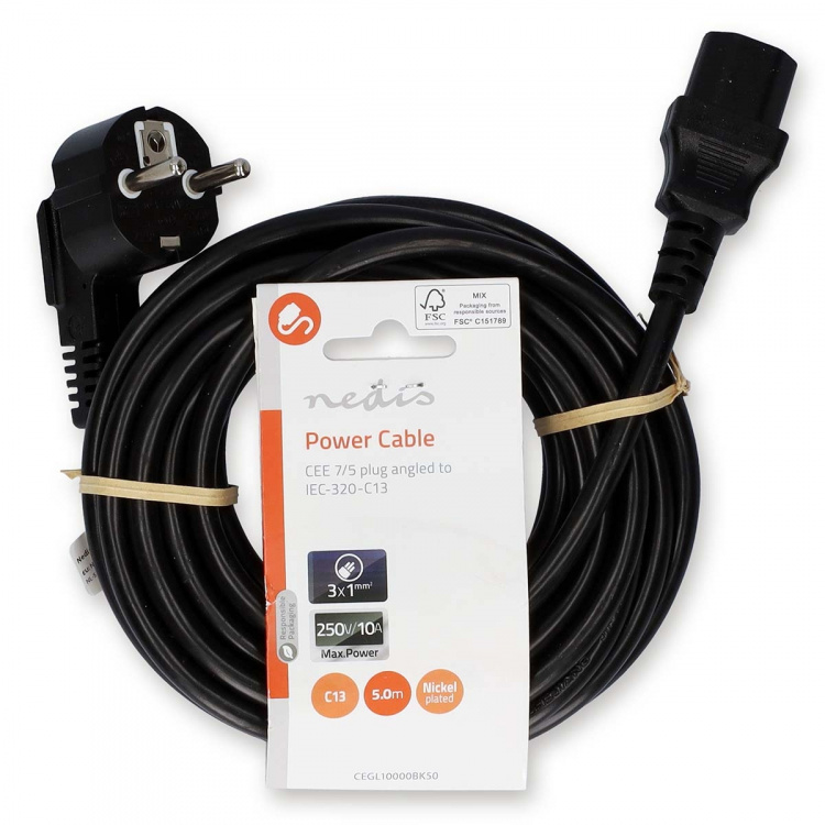 Nedis Sähköjohto | Suko Uros | IEC-320-C13 | Kulma | Suora | Niklattu | 5.00 m | Pyöreä | PVC | Musta | Label