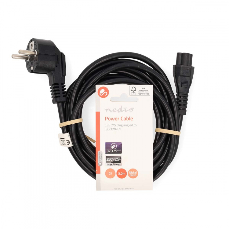 Nedis Sähköjohto | Suko Uros | IEC-320-C5 | Kulma | Suora | Niklattu | 3.00 m | Pyöreä | PVC | Musta | Label