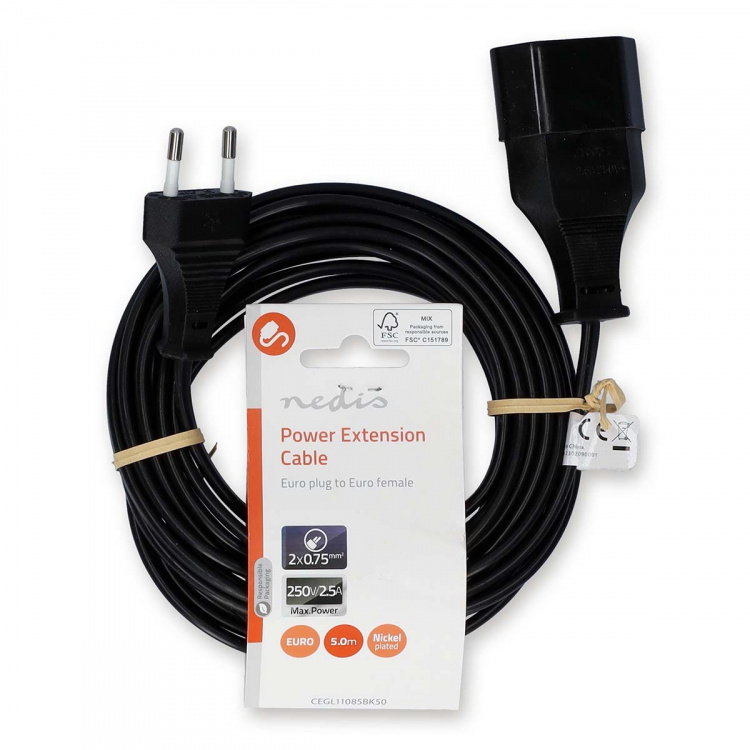 Nedis Power Extension Cable | EUR male | EUR Female| 5.0 m | Round | Black | Envelope