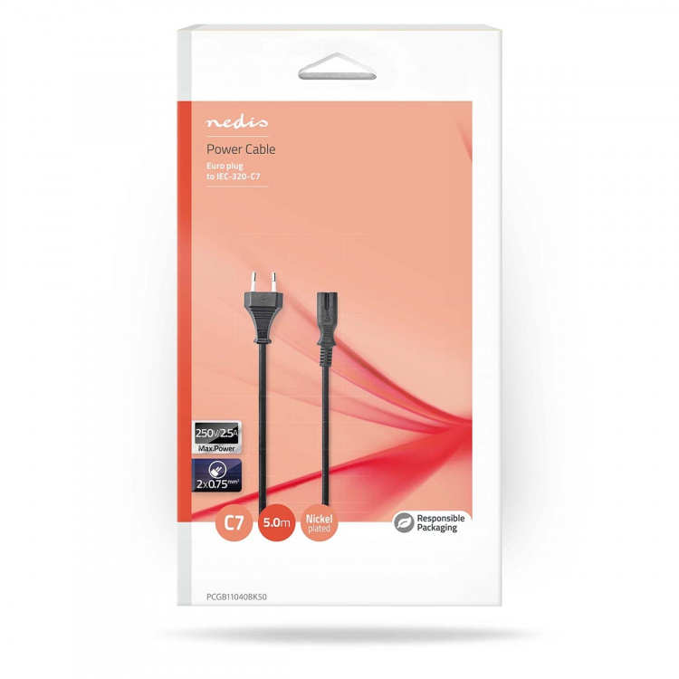 Nedis Sähköjohto | Euro Uros | IEC-320-C7 | Suora | Suora | Niklattu | 5.00 m | Pyöreä | PVC | Musta | Laatikko