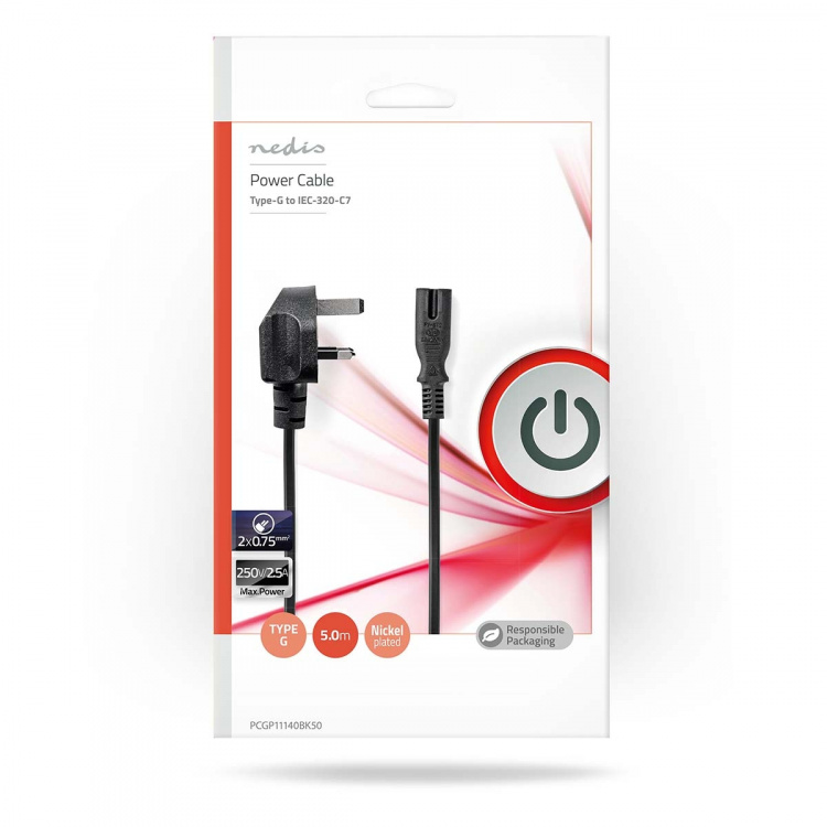 Nedis UK Virtakaapeli | UK Uros | IEC-320-C7 | 5.00 m | Kyllä | 2 x 0.75 mm² | Kupari | Pyöreä | Niklattu | UK | PVC | Virtapistoke: UK / Tyyppi G | 250 V AC | 3 A | Musta