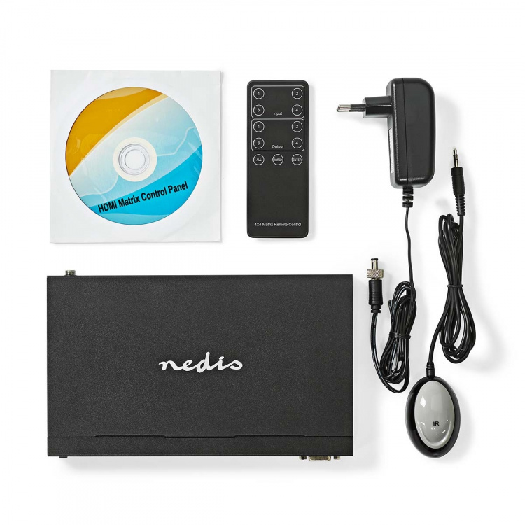 Nedis HDMI ™ Matriisi | 4x 4-Väylää port(s) | DC Power / 1x RS232 / 4x HDMI™ Input | 4x HDMI™ Output | 4K@60Hz | 18 Gbps | Kauko-ohjattu | Metalli | Musta Nedis HDMI ™ Matriisi | 4x 4-Väylää port(s) | DC Power / 1x RS232 / 4x HDMI™ Input | 4x HDMI™ Output | 4K@60Hz | 18 Gbps | Kauko-ohjattu | Metalli | Musta