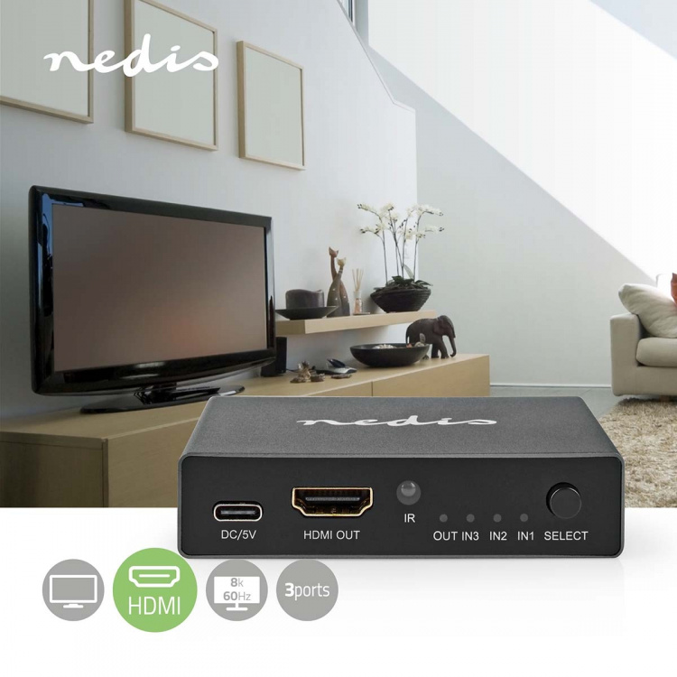 Nedis HDMI ™ Kytkin | 3-Porttinen port(s) | 3x HDMI™ Input | 1x HDMI™ Output | 8K@60Hz | 45 Gbps | Kauko-ohjattu | Alumiini | Antrasiitti Nedis HDMI ™ Kytkin | 3-Porttinen port(s) | 3x HDMI™ Input | 1x HDMI™ Output | 8K@60Hz | 45 Gbps | Kauko-ohjattu | Alumiini | Antrasiitti