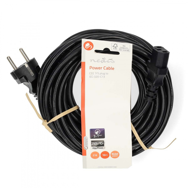 Nedis Sähköjohto | Suko Uros | IEC-320-C13 | Suora | Suora | Niklattu | 10.0 m | Pyöreä | PVC | Musta | Label